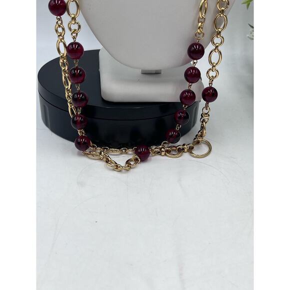 Talbots gold‎ tone Double Strand Red Bead Long Necklace New - Picture 4 of 13